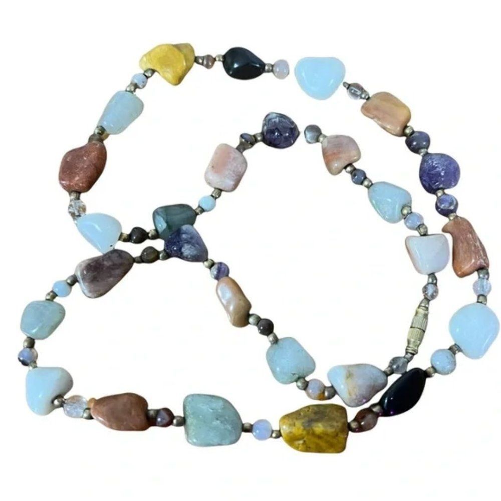 Colorful Stone Layering Necklace With Beads Between Stones Mystery Closure Clasp - Picture 8 of 13